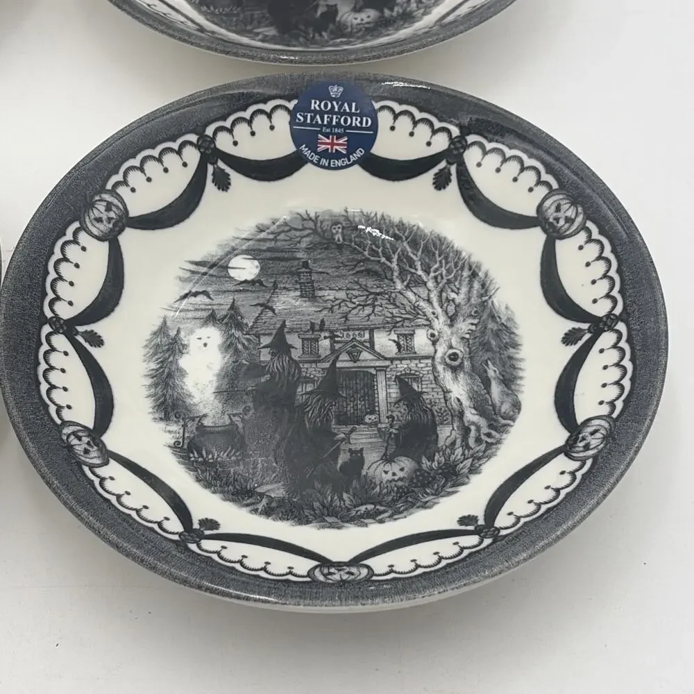 4 Royal Stafford Halloween 8” Salad Soup Bowls Coven Witch Sisters Seance Black